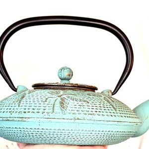 Cast Iron Japanese Teapot Turquoise Gold Butterflies Enamel Interior Strainer